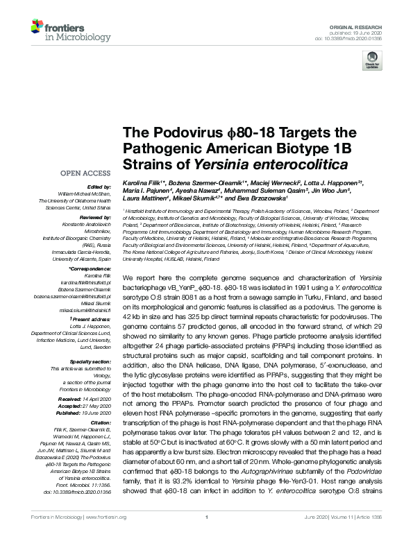 (PDF) The Podovirus ϕ80-18 Targets the Pathogenic American Biotype 1B ...