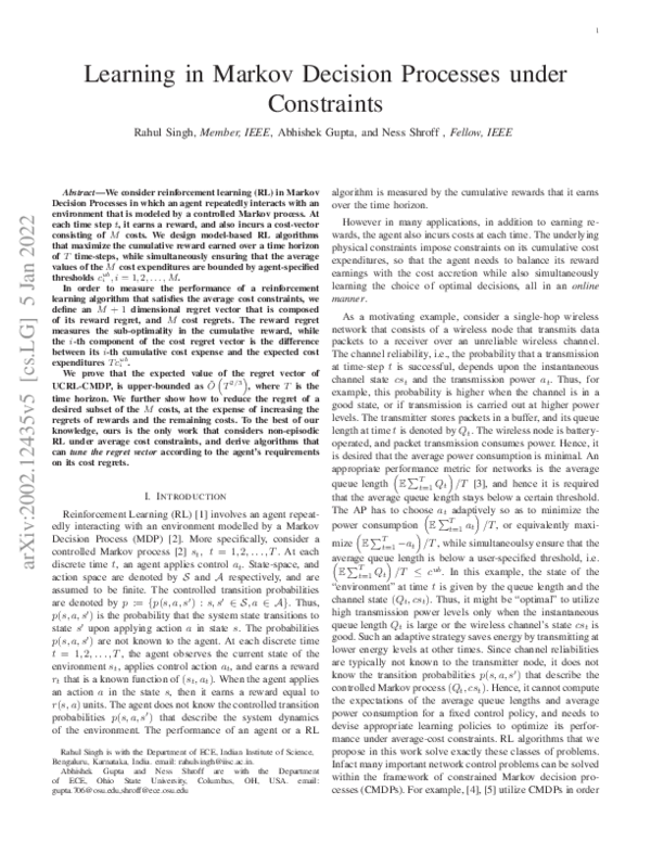 (PDF) Learning in Markov Decision Processes under Constraints