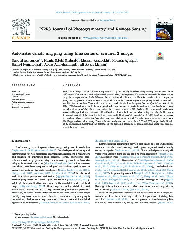 (PDF) Automatic canola mapping using time series of sentinel 2 images
