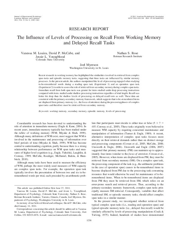 (PDF) The influence of levels of processing on recall from working ...