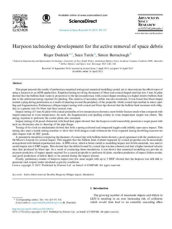 (PDF) Harpoon technology development for the active removal of space debris