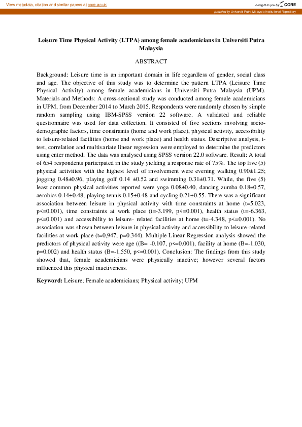 (PDF) Leisure Time Physical Activity (Ltpa) Among Female Academicians ...