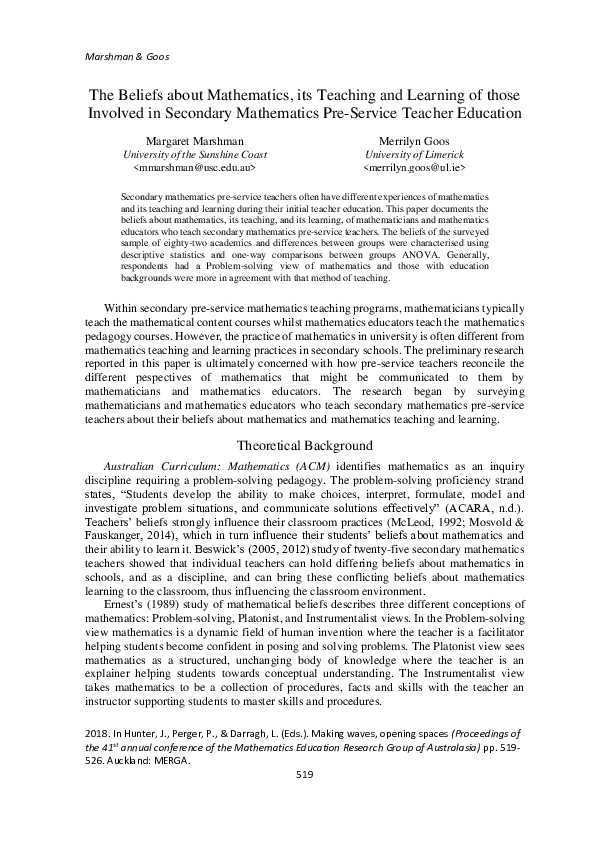 (PDF) The Beliefs about Mathematics, Its Teaching and Learning of Those ...