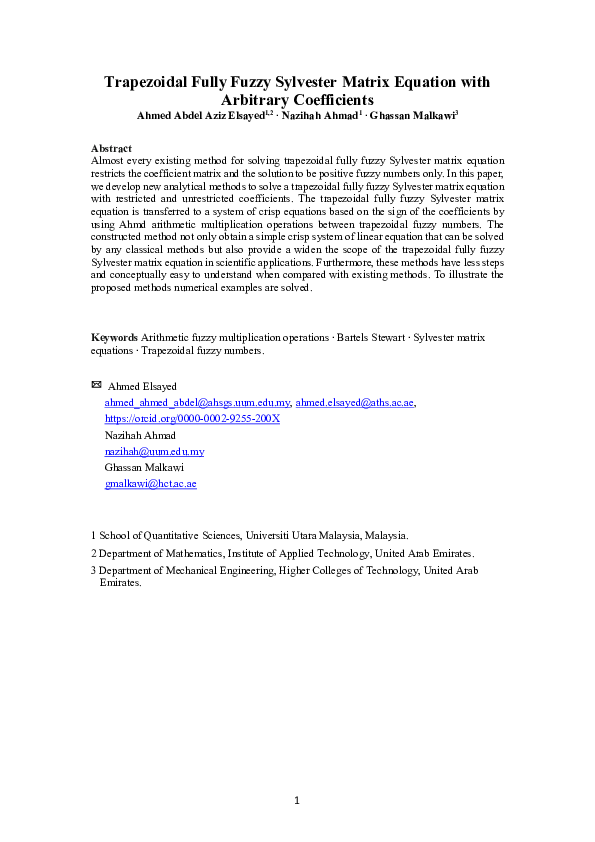 (PDF) Trapezoidal Fully Fuzzy Sylvester Matrix Equation with Arbitrary ...
