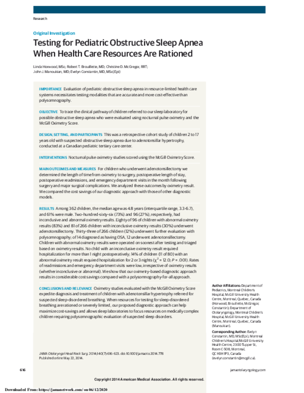 (PDF) Testing for Pediatric Obstructive Sleep Apnea When Health Care ...