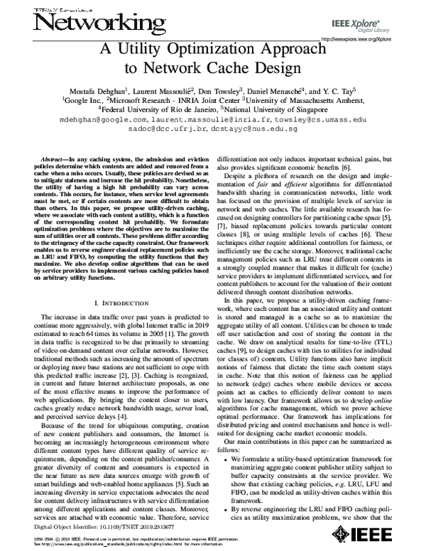 (PDF) A Utility Optimization Approach to Network Cache Design | mostafa ...