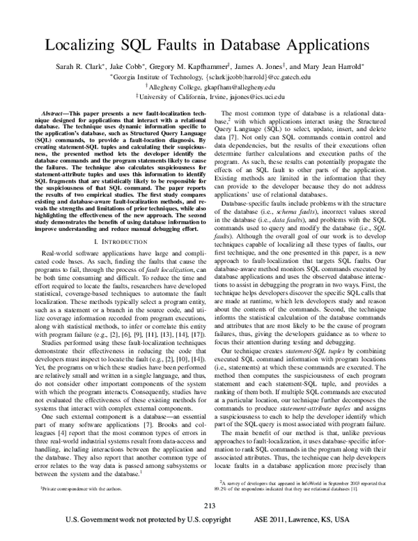 (PDF) Localizing SQL faults in database applications