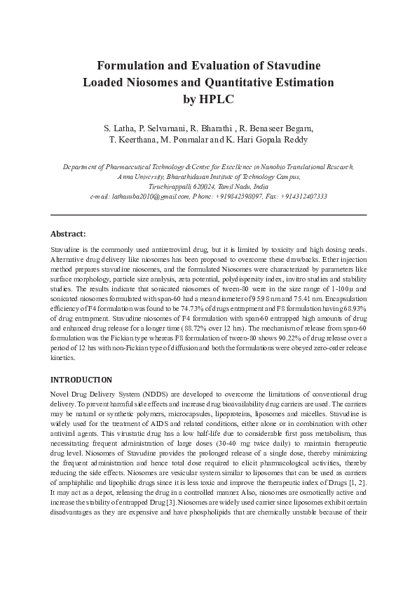 (PDF) Formulation and Evaluation of Stavudine Loaded Niosomes and ...