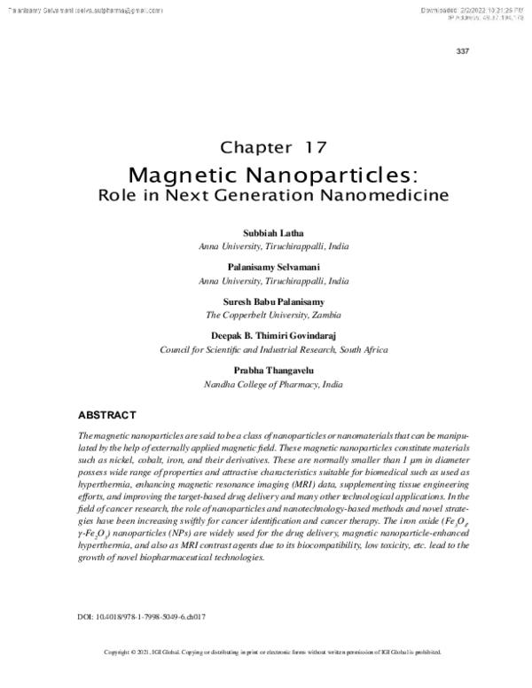 (PDF) Magnetic Nanoparticles: Role in Next Generation Nanomedicine