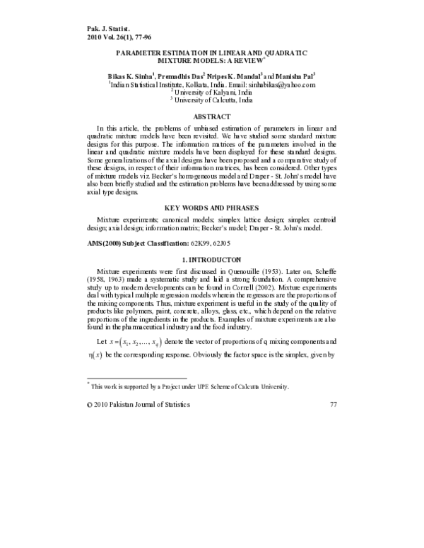 (PDF) Parameter Estimation in Linear and Quadratic Mixture Models