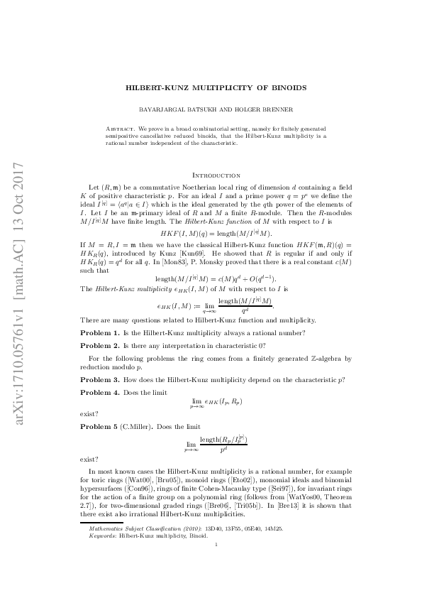 (PDF) HilbertKunz multiplicity of binoids bayaraa batsukh Academia.edu