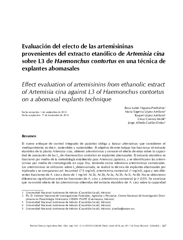 (PDF) Evaluación del efecto de las artemisininas provenientes del extracto etanólico de (PDF) Evaluación del efecto de las artemisininas provenientes del extracto etanólico de