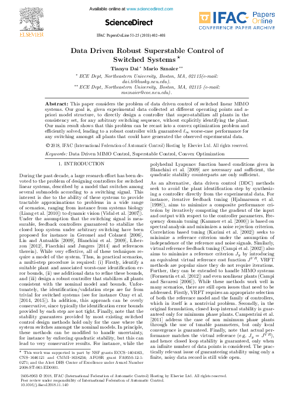 (PDF) Data Driven Robust Superstable Control of Switched Systems