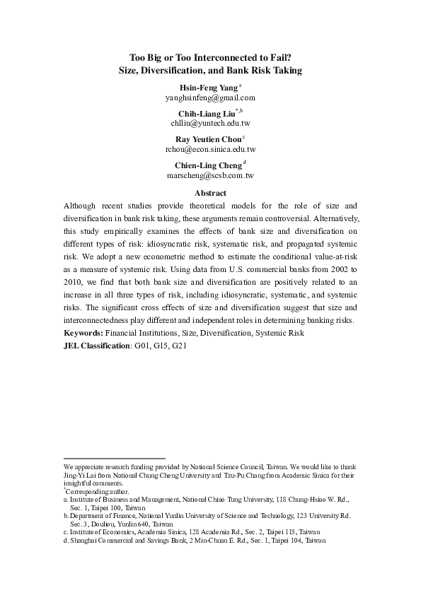 (PDF) Too Big or Too Interconnected to Fail? Size, Diversification, and ...