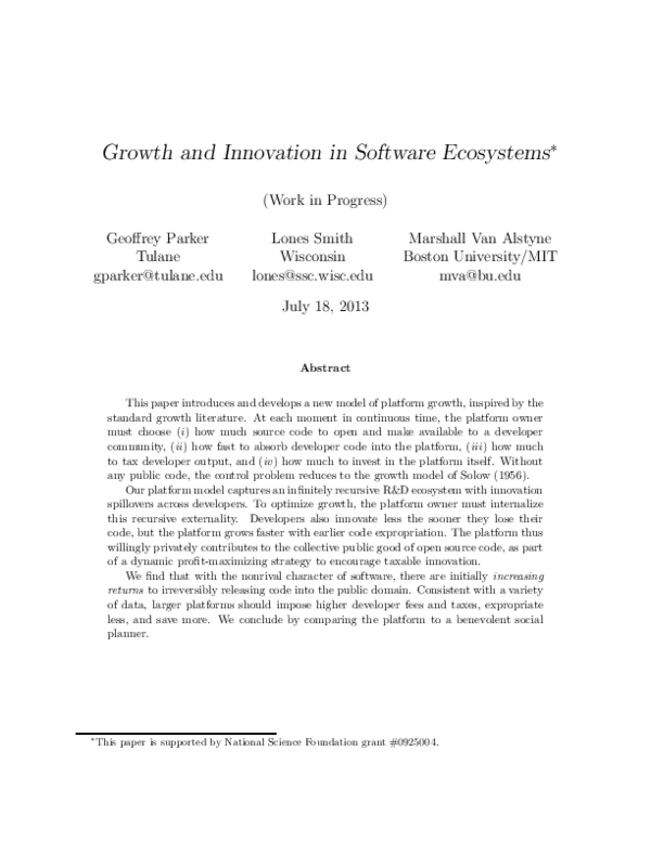 (PDF) Growth and Innovation in Software Ecosystems ∗ ( Work in Progress )