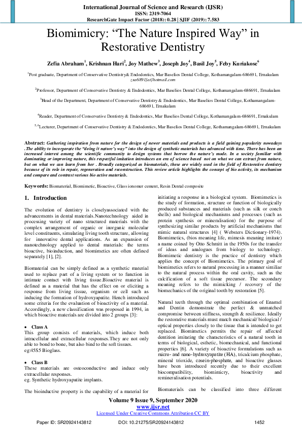 (PDF) Biomimicry: ―The Nature Inspired Way‖ in Restorative Dentistry
