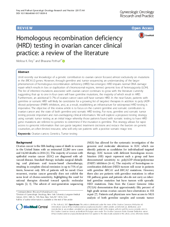  PDF Homologous Recombination Deficiency HRD Testing In Ovarian 