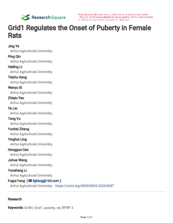 (PDF) Grid1 Regulates the Onset of Puberty in Female Rats