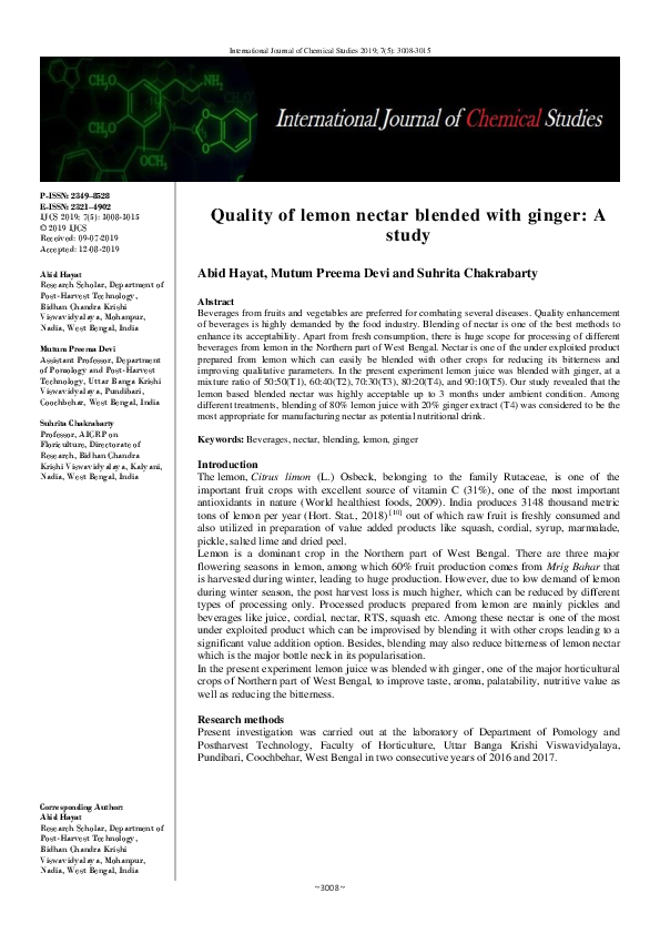 (PDF) Quality of lemon nectar blended with ginger: A study