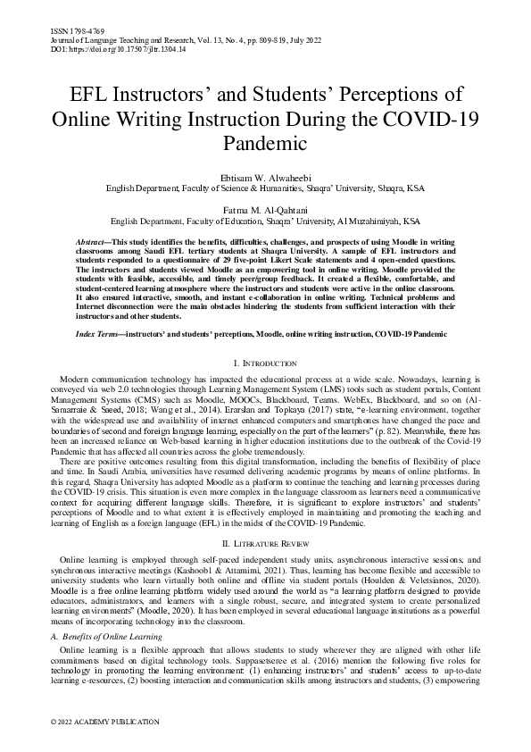 (PDF) EFL Instructors’ and Students’ Perceptions of Online Writing ...