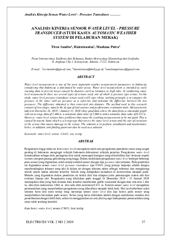 (PDF) Analisis Kinerja Sensor Water Level Pressure Transducer (Studi Kasus Automatic Weather