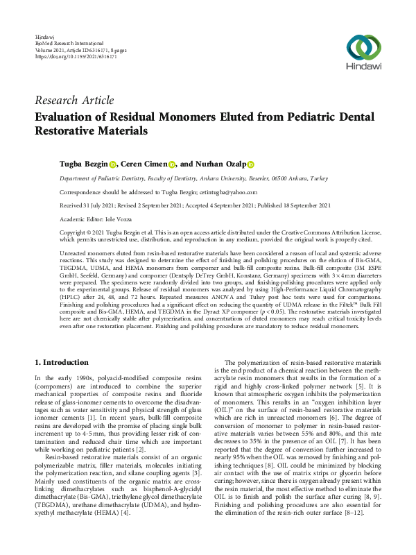 (PDF) Evaluation of Residual Monomers Eluted from Pediatric Dental ...