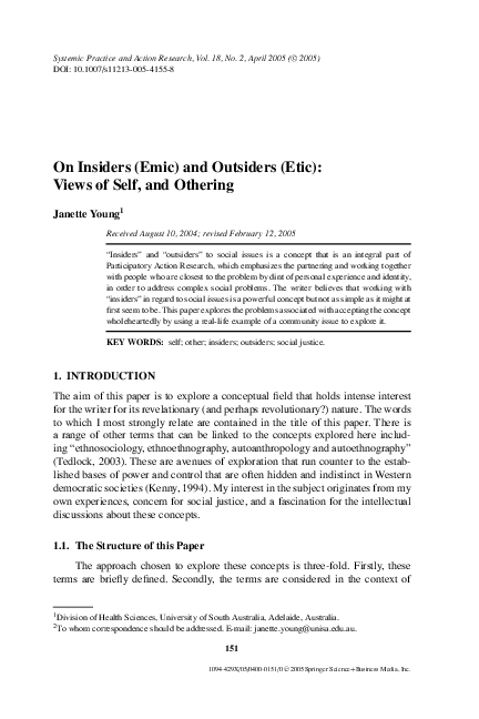 (PDF) On Insiders (Emic) and Outsiders (Etic): Views of Self, and Othering