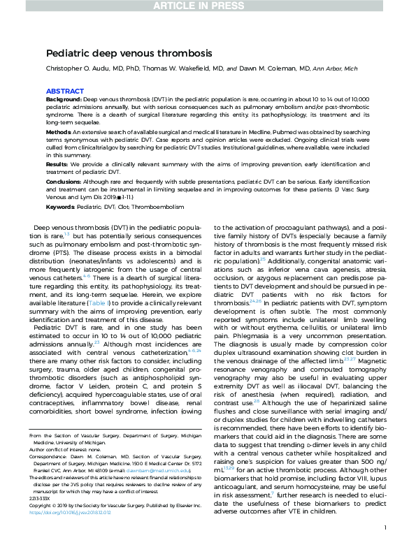 (PDF) Pediatric deep venous thrombosis