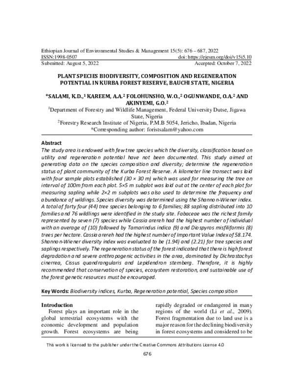 (PDF) PLANT SPECIES BIODIVERSITY, COMPOSITION AND REGENERATION ...