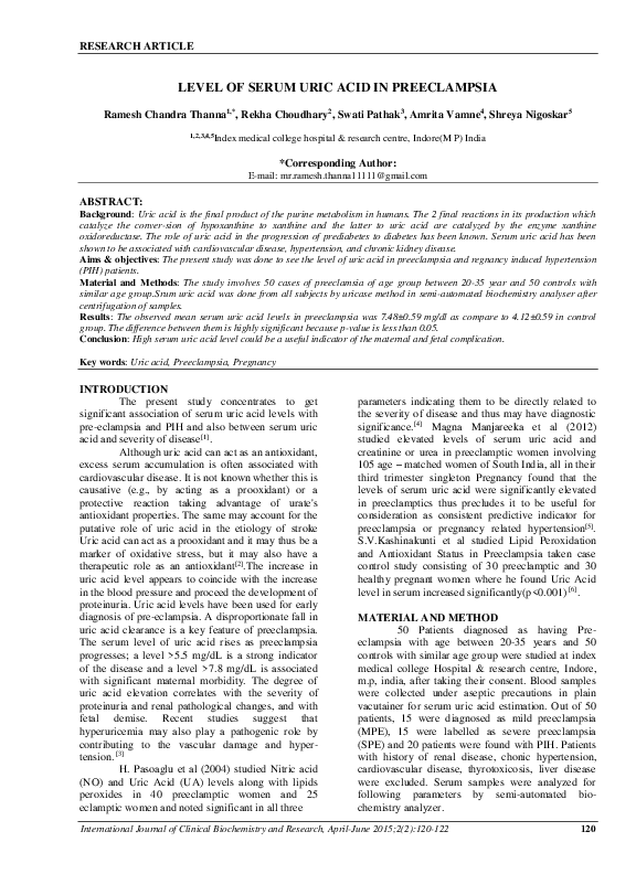 (PDF) Level of serum uric acid in preeclampsia