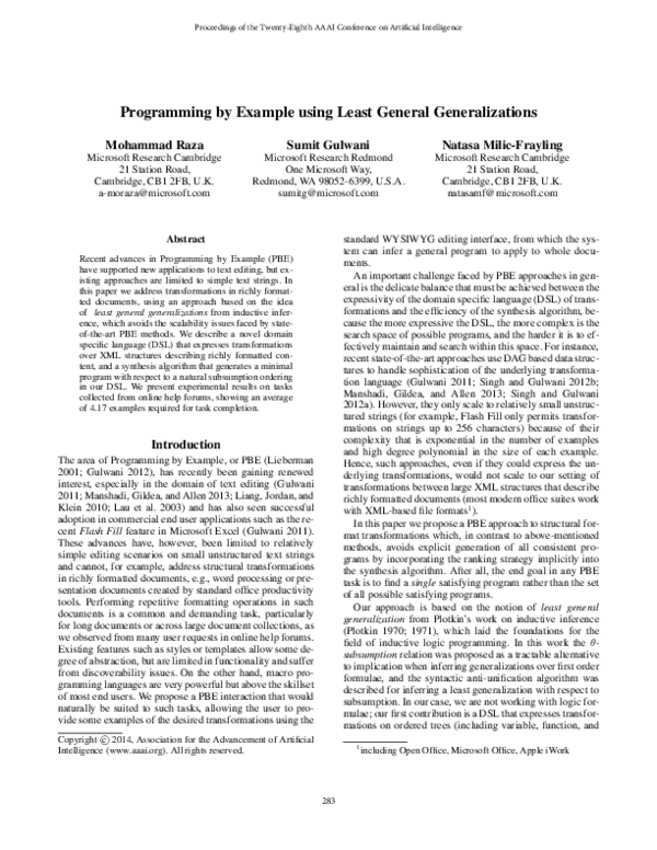 (PDF) Programming by Example Using Least General Generalizations