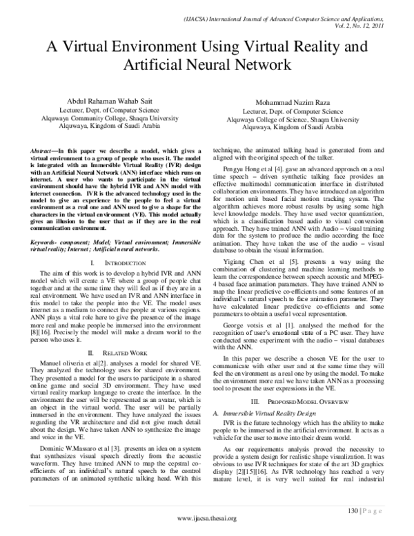 (PDF) A Virtual Environment Using Virtual Reality and Artificial Neural ...