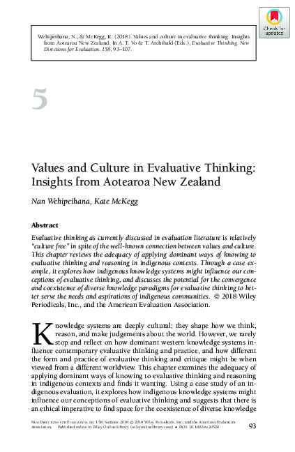 (PDF) Values and Culture in Evaluative Thinking: Insights from Aotearoa ...