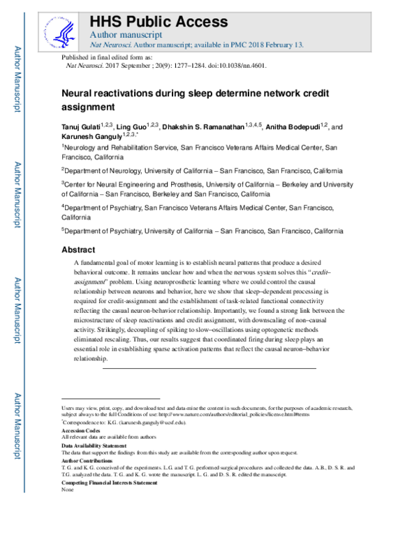 (PDF) Neural reactivations during sleep determine network credit assignment
