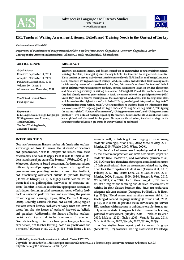 (PDF) EFL Teachers' Writing Assessment Literacy, Beliefs, and Training ...
