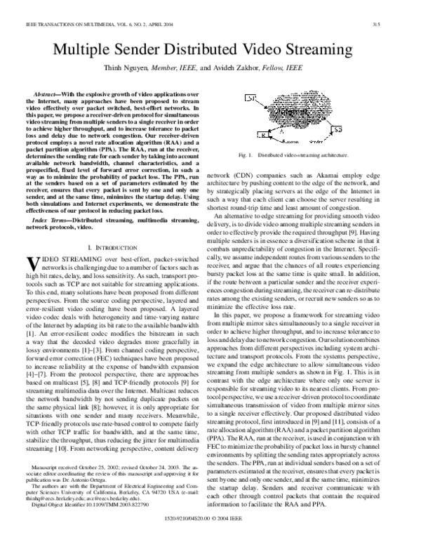 (PDF) Multiple Sender Distributed Video Streaming thinh Nguyen