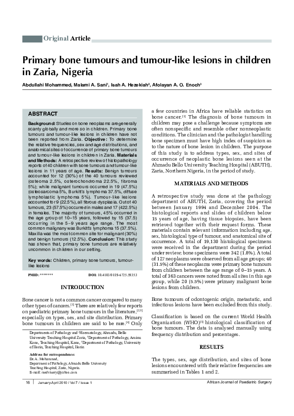 (PDF) Primary bone tumours and tumour-like lesions in children in Zaria ...