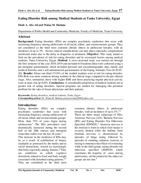 (PDF) Eating Disorder Risk among Medical Students at Tanta University ...