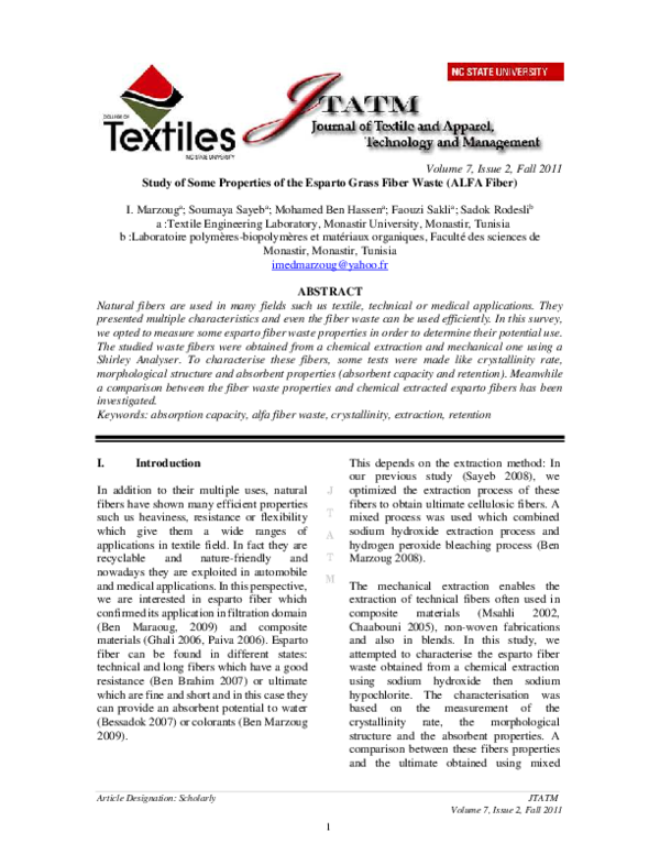 (PDF) Study of Some Properties of the Esparto Grass Fiber Waste (ALFA Fiber) Imed Marzoug