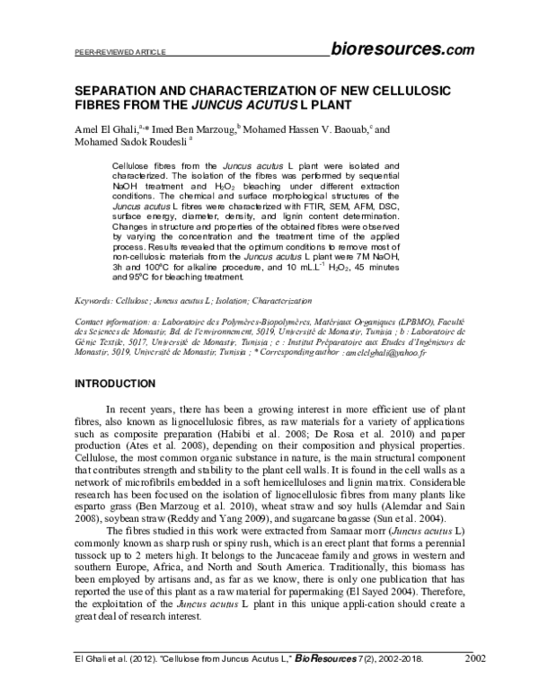 (PDF) Separation and Characterization of New Cellulosic Fibres from the ...