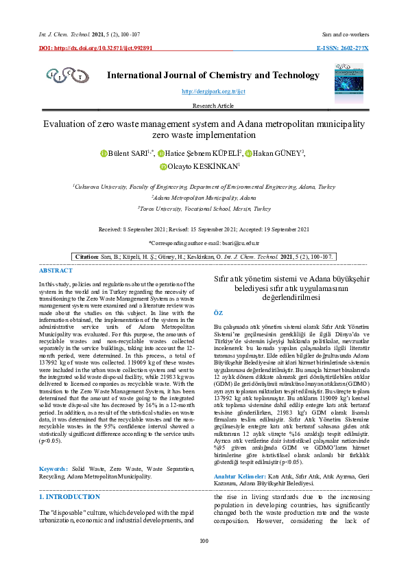 (PDF) Evaluation of Zero Waste Management System and Adana Metropolitan ...