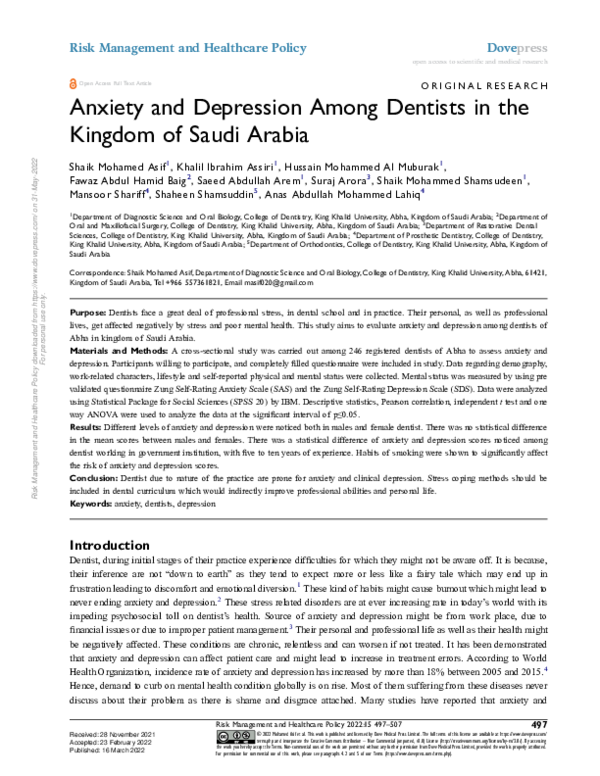 (PDF) Anxiety and Depression Among Dentists in the Kingdom of Saudi Arabia