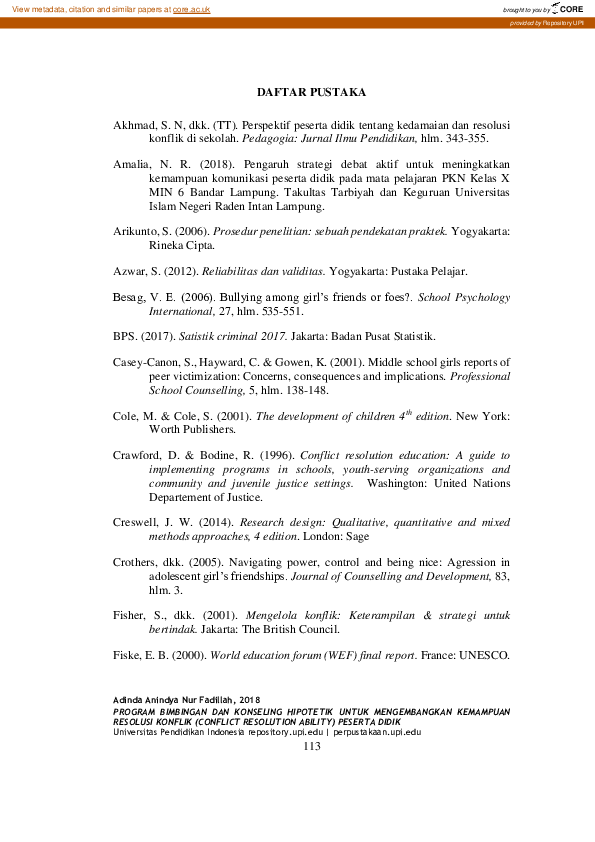 PROGRAM BIMBINGAN DAN KONSELING HIPOTETIK UNTUKMENGEMBANGKAN KEMAMPUAN RESOLUSI KONFLIK(CONFLICT RESOLUTION ABILITY) PESERTA DIDIKStudi Deskriptif terhadap Peserta Didik Kelas XI SMK Negeri 1 Bandung Tahun Ajaran 2018/2019