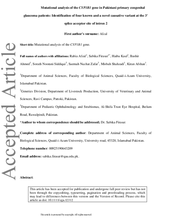 (PDF) Mutational analysis of the CYP1B1 gene in Pakistani primary ...