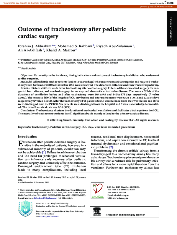 (PDF) of tracheostomy after pediatric cardiac surgery Ali al