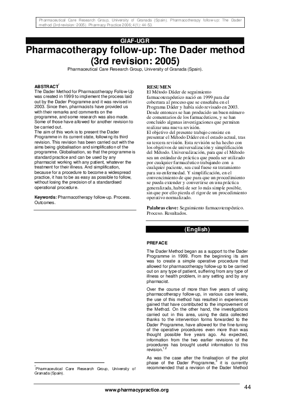 (PDF) Seguimiento farmacoterapéutico: Método Dáder (3ª revisión: 2005)
