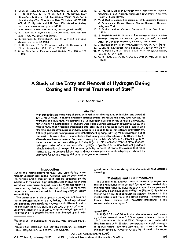 (PDF) A Study of the Entry and Removal of Hydrogen during Coating and ...