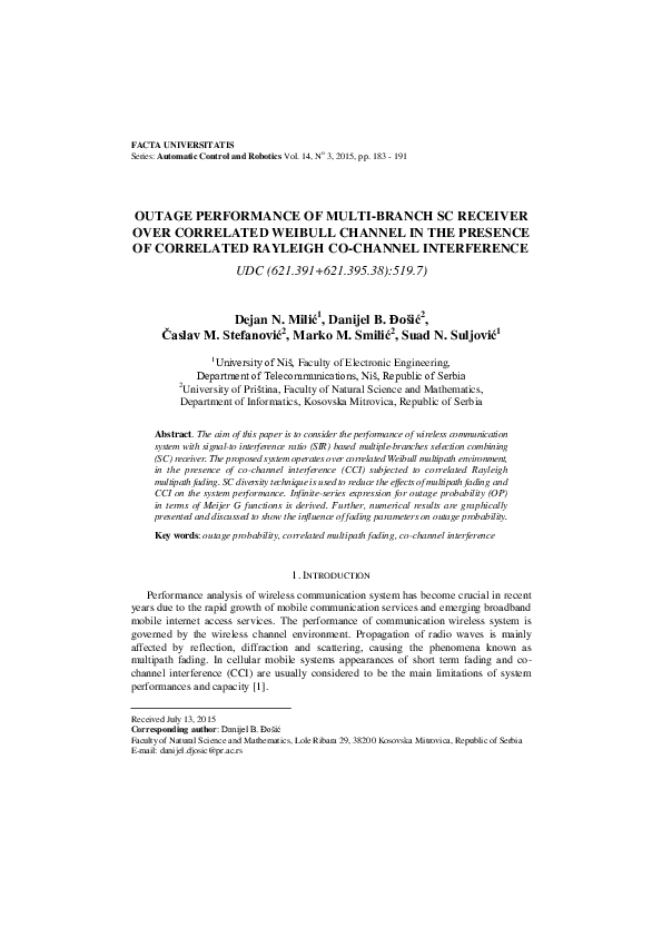 (PDF) Outage Performance of Multi-Branch SC Receiver Over Correlated ...