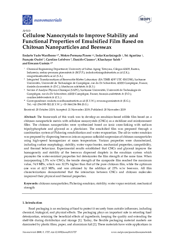 (PDF) Cellulose Nanocrystals to Improve Stability and Functional ...