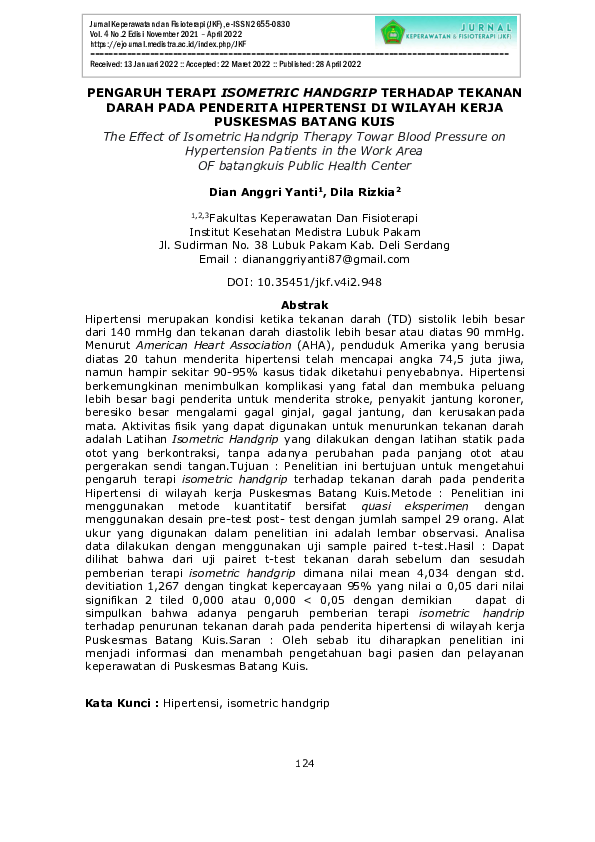 (PDF) The Effect of Isometric Handgrip Therapy Towar Blood Pressure on ...
